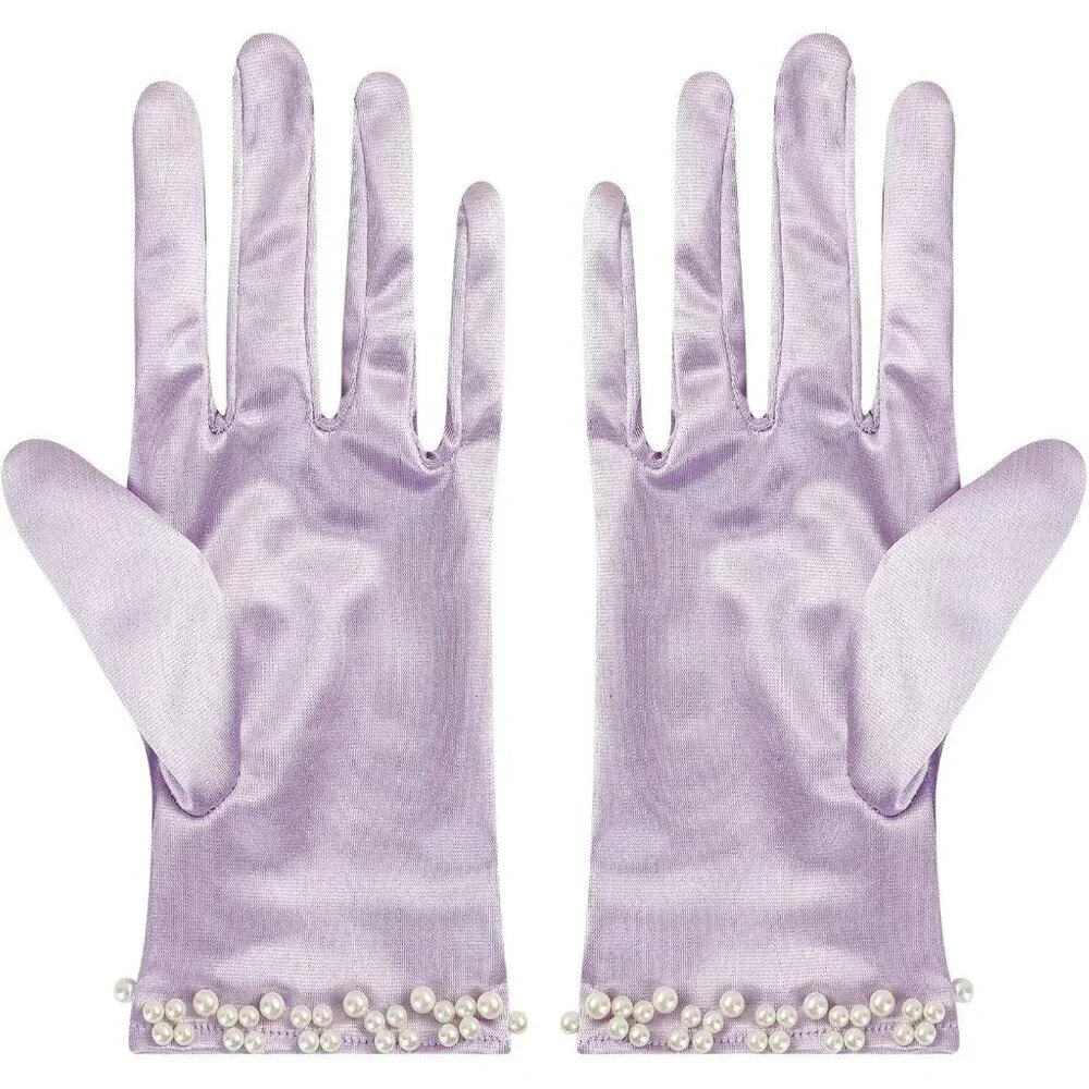 Women's Lavender Satin Pearl Short Length Gloves Wedding Banquet Party Prom